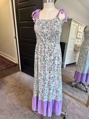 If She Loves Floral Smocked Dress Tie Strap Lavender Boho Cottagecore Size M
